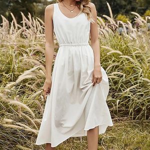 Robes décontractées Été Femmes Élégante Robe blanche Romantique Belle taille élastique Midi Réservoir sans manches pour Women255m