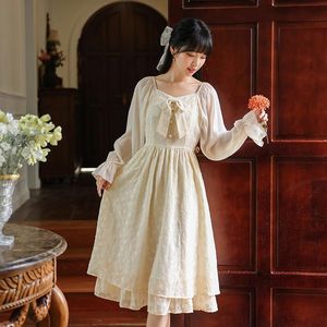 Vestidos casuales dulce lindo otoño gasa jacquard albaricoque elegante bowknot cuello cuadrado hada manga acampanada romántico francés vestido midi