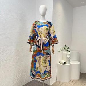 Robes décontractées Top Quality 2024 Spring Collection Holiday Beach Palm Palm Tree Tree Pring Pure Silk Midi Loose Femmes