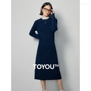 Robes décontractées Toyouth Femmes Robe 2024 Printemps Manches longues O Cou en forme de H Contraste Couleur Design Mode Polyvalent Bleu Royal Mi-longueur