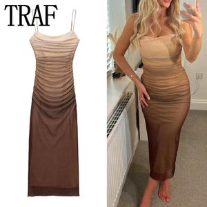 Vestidos casuales TRAF 2024 Vestido de tul resbalón Mujer acanalada bodycon largo mujeres verano sexy fiesta sin mangas sin respaldo noche