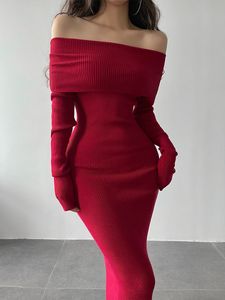 Robes décontractées TVVOVVIN Slash Neck Tight Long Skinny Hip Sleeve Maxi Pull Dress Red Korean Fashion Tops DL7K 230206