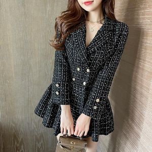 Vestidos casuales Twicefanx Otoño Mujer Elegante Tweed Temperamento Traje Doble Pecho Alto Cintura Slim Plisado Plaid Mini vestido negro