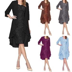 Robes décontractées deux pièces mode femmes été Sexy charmante robe de mariée couleur unie dentelle Wrap mère de la mariée robes décontracté