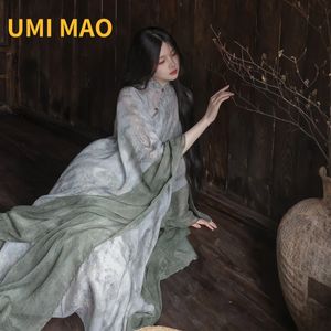 Vestidos casuales UMI MAO Ropa de mujer hecha en casa Estilo chino fresco Cheongsam Mangas sueltas y elegantes Vestido de túnica literaria verde frío Mujeres 230413