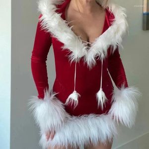 Vestidos casuales Ute Plush Manga larga Mini vestido con capucha Mujeres Disfraces de Navidad para Cosplay Mascarada Trajes de fiesta de rol