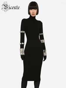 Robes décontractées VC Party de luxe pour femmes gants à manches longues avec bandage en cristal robe midi noire robes de soirée automne hiver