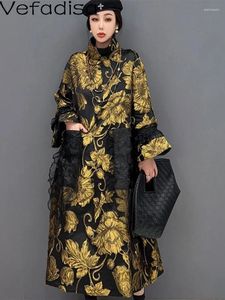 Robes décontractées Vefadisa Gold Yellow Femmes Style chinois Dentelle Splicing Impression Manteau Lâche Robe mi-longue 2024 Printemps Automne LHX3094