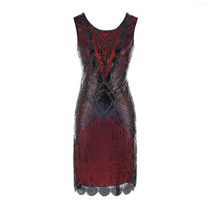 Vestidos casuales Vintage 1920s 30s Traje de cóctel Midi Tassels Flapper Vestido Mujer Elegante Sin mangas Lentejuelas Fiesta de noche Blanco Rojo