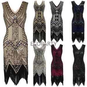 Vestidos casuales Vintage 1920s Flapper V-cuello Doble borla Vestido Gran Gatsby Cosplay Disfraz Cóctel Charleston Dance Sequin Stud