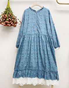 Vestidos casuales Vintage clásico Mori Girl algodón ojal encaje suelto manga larga Midi vestido otoño elegante Boho Chic Cottage Gypsy ropa