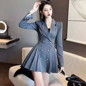 Robes décontractées Vintage Elegant College Style Double Breasted Pleed Business Suit and Dress Women Vestido de Mujer Femme Robe