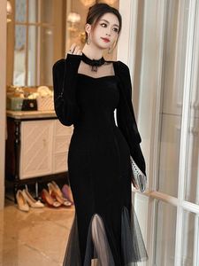 Robes décontractées Vintage Sexy Style chinois Qipao Femme Black Mesh Sheer Ruffle Fishtail Robe Femme Party Prom Amélioré Cheongsam Runway