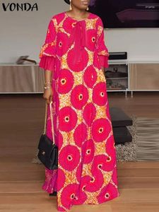 Robes décontractées Vonda Femmes Automne Floor Longueur Robe 2024 Patchwork Vintage Patchwork Bohemian Beach Sundress Robe Femme