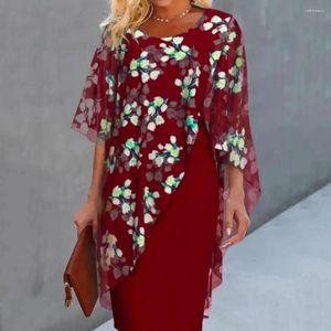 Robes décontractées robe de taille élégante imprimé floral en mousseline de soie midi pour les femmes style de gaine avec demi-manches encolure ronde irrégulière formelle