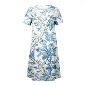 Robes décontractées robe compensée chaussons pour femmes ample col rond bohème chemise à rayures florales été avec manches