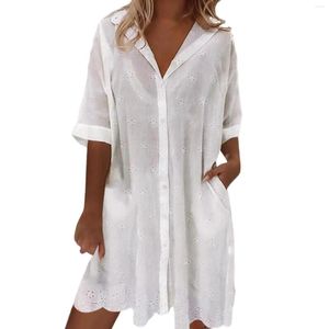 Vestidos casuales camisa de algodón blanco para mujer 2023 verano manga corta encaje de ganchillo suelto vestido bohemio bolsillos mujer