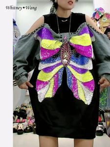 Vestidos informales Whitney Wang Estilo de diseñador 2024 Otoño Moda Streetwear Lentejuelas Rebordear Mariposa Hollow Out Vestido de hombro Mujer
