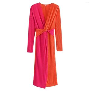 Robes décontractées femmes 2023 mode été couleur-bloc Robe plissée Vintage à manches longues Chic femme Midi Vestidos Robe Mujer