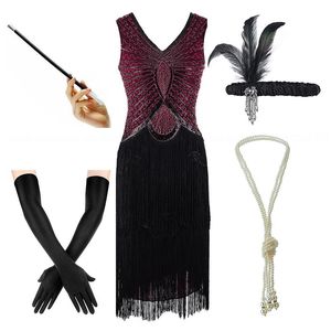 Vestidos casuales Tallas grandes para mujer Gatsby Lentejuelas Art Deco Black Flapper 1920s V Cuello con cuentas con flecos Gran vestido casual