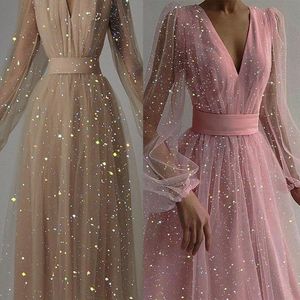 Vestidos casuales mujeres una línea largo maxi vestido sexy lentejuelas gasa longitud de la rodilla brillante linterna manga fiesta de noche cintura alta