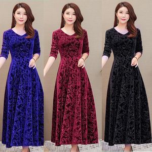 Vestidos casuales mujeres otoño invierno alta calidad vintage terciopelo bodycon largo femme elegante con cuello en v delgado vestido de fiesta W40Casual