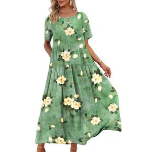 Robes décontractées Femme Designer robe femme robe verte d'été bohème longues femmes florales imprimement plage midi robe élégante poches lâches robes d'été pour femmes robe