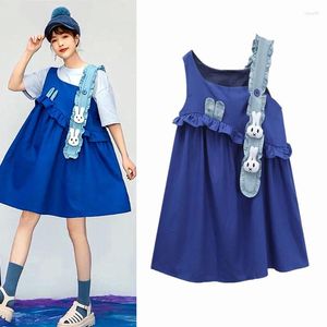 Robes décontractées Femmes Robe Spaghetti Sangle Y2K Volants Jeune Dame Bleu Épissé Patchwork Mignon Rabblt Appliques Robes NZ216