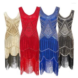 Robes Décontractées Femmes Robe De Soirée 1920 S Great Gatsby Flapper Vestidos Sequin Perle Fringe Soirée Col En V Agrémenté À Franges Sans Manches