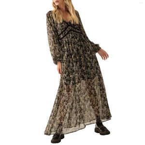 Robes décontractées Robe longue en mousseline de soie florale pour femmes, encolure en V, manches à bulles avec poignets élastiques, dos bas, taille haute, longueur de la cheville