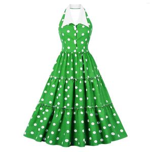 Vestidos casuales Cárdigan de solapa para mujer Polka Dot Green Halter Neck Backless Sexy Big Swing Retro Dress Vintage Sweet L5