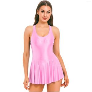 Vestidos casuales Sin mangas para mujer U Cuello Leotardo Ropa Femenina Vestido de tanque brillante Traje de baño de una pieza Traje de baño Deportes Natación