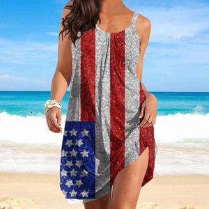 Robes décontractées le cou rond d'été pour femmes en vrac sans manches indépendantes Jour de l'indépendance 3d sash imprimé numérique jupe de plage robe femme élégante