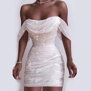 Robes décontractées Femmes Sexy Robe Moulante Mode Hors Épaule Midi Printemps Dames Bandeau 2024 Blanc Glitter Paillettes Club Party