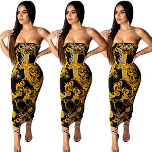 Mujeres Sexy Moda Cadena de oro Vestidos estampados Sin mangas Bodycon Word Collar Vestido sin espalda Vestidos De Verano