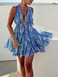 Robes décontractées femmes Sexy coupe basse fête Mini robe Spaghetti sangle sans manches dos nu moulante courte Club tenue de nuit G4-bleu