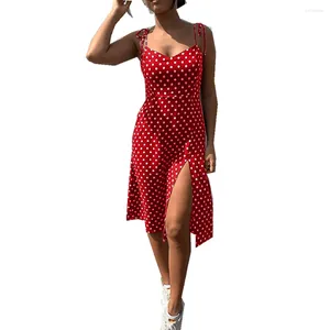 Vestidos casuales Mujeres Sexy Pequeño Spaghetti Strap Lace Up Polka Dot Split Hem Backless Summer Streetwear Vestido Niñas Tamaño para