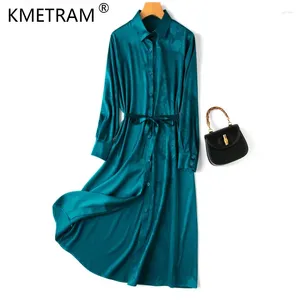 Robes décontractées Femmes Robe chemise en soie 93% Mulberry 7% Spandex 21 Momme Jacquard Manches longues Taille ceinturée Robe midi bleu paon