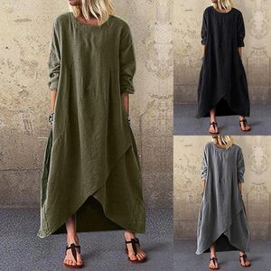 Robes décontractées Femmes Sping Robe Manches longues O Cou Slit Ourlet irrégulier Lâche Vintage Élégant Couleur Solide Plus Taille