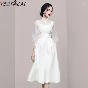 Robes décontractées Femmes Printemps Robe blanche 2024 Cheongsam Col montant Tulle Couture Midi Jupe Haute Qualité Taille Lanterne Manches