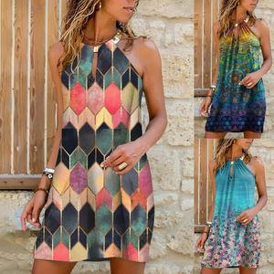 Vestidos casuales Mujer Verano 2021 Sexy Cuello redondo Estampado floral Boho Beach Dress Sin mangas Mini Wrap Sundress Mujer Robe