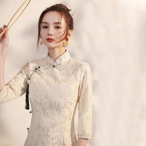 Robes décontractées Femmes Robe d'été Style chinois Amélioré Cheongsam Impression Trois Quarts Manches Moulante Douce Fille Dentelle Robes RétroCasual