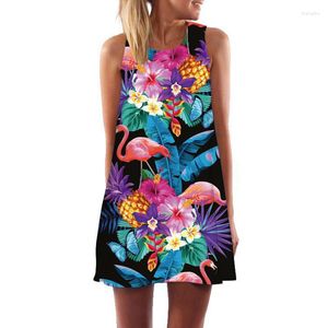 Vestidos casuales Mujeres Vestido de verano Sexy Sin mangas Boho Beach Party 3D Floral Flamenco Estampado Mini Corto Gasa suelta