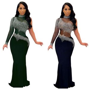 Robes Décontractées WUHE Magnifique Rinestone Mesh Une Épaule Maxi Robe De Soirée Femmes Col Montant À Manches Longues Dos Nu Diamants Clubwear