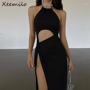 Vestidos informales Xeemilo Partido de graduación Sexy Black Long Dress Elegant Wollow Hollow Out High Summer Fashion Fashion Lace Up Women Rente