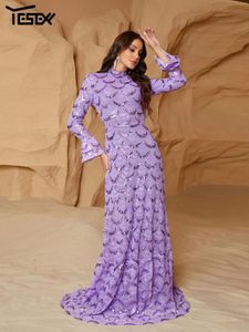 Robes décontractées yesexy 2024 violet élégant o couche couche manche paillette maxi robe longueur du sol extensible bodycon soirée