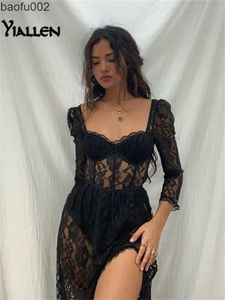 Robes décontractées Yiallen 2021 Y2k Fashion Party Vacation Beach Sexy Black Lace Long Dress Women's Spring Quarter Sleeve Mid-Calf Dresses Clubwear W0315