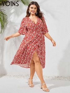 Robes décontractées YOINS Plus Size Bohemian Floral Print Midi Dress 2023 Summer Women Short Sleeve Party Vestidos V Neck Casual Wrap Slit Long Robe L230520