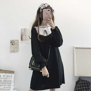 Casual Femme Plus Taille Lâche Casual Fun Bow-Cou Dentelle Japonais Mignon Noir Automne Manches Longues Sweet College Robe De Mode 210608