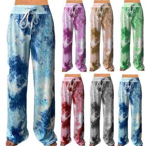 Casual Loose Tie Dye Imprimer Femmes Large Jambe Yoga Pantalon Lace Up Fitness Plus Taille Pantalon Taille Haute Femme Patchwork Pantalon 210522